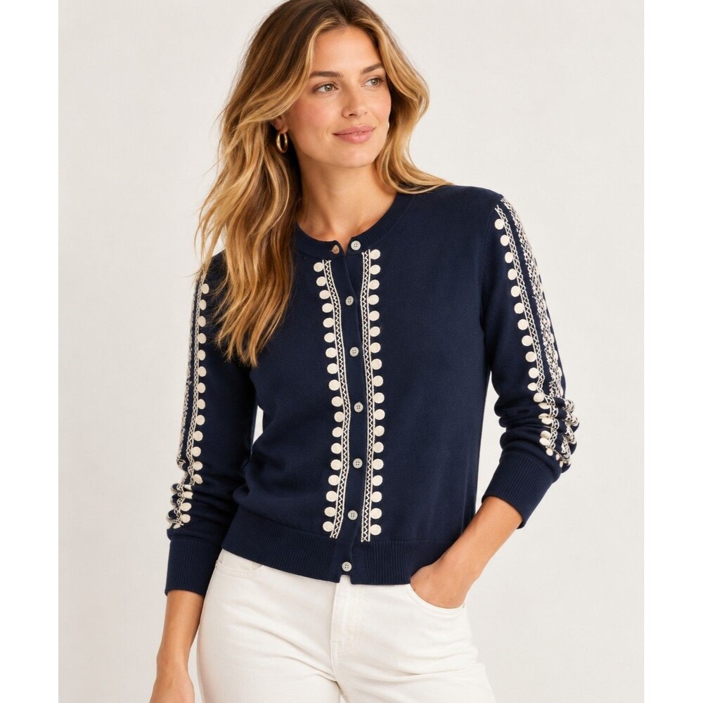 NWT J.Crew Jackie Cardigan Sweater Size L Navy Ivory Embroidered Preppy Work